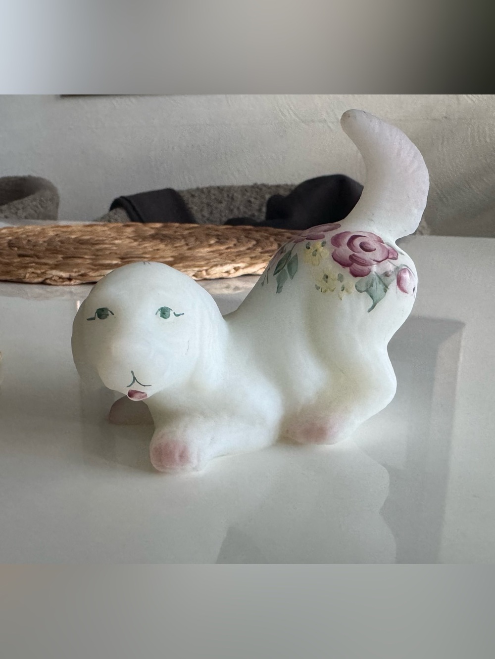 Fenton White Ceramic Dog Figurine with Pink Rose Accents
